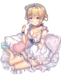  :o ame_sagari animal_ears armband bare_legs bear_ears blonde_hair blush bow bow_choker bowtie braided_hair_rings breasts bridal_garter choker cleavage clenched_hand collarbone commentary double_bun dress eyelashes female fingernails frilled_armband frilled_dress frilled_garter frilled_hairband frilled_wrist_cuffs frills full_body hair_bun hair_ribbon hairband heart heart-shaped_pillow high_heels highres large_breasts looking_ahead loungewear on_bed open_mouth original pillow pumps purple_bow purple_bowtie purple_choker purple_eyes purple_garter purple_ribbon purple_wrist_cuffs ribbon ribbon_legwear short_dress simple_background sitting sleeveless sleeveless_dress solo v-neck white_armband white_background white_dress white_footwear white_hairband wrist_cuffs 