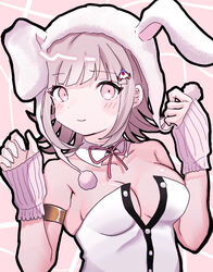  animal_ears bare_shoulders breasts cleavage danganronpa_(series) danganronpa_2:_goodbye_despair detached_collar fake_animal_ears female flipped_hair galaga hair_ornament ikemen&#039;na_ore-shi leotard looking_at_viewer medium_hair nanami_chiaki neck_ribbon official_alternate_costume pink_ribbon playboy_bunny rabbit_ears ribbon solo strapless strapless_leotard 