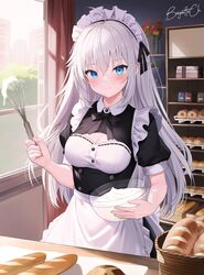  absurdres ahoge apron baguette baguette_(baguettech) bakery blue_eyes bowl bread breasts cleavage_cutout clothing_cutout codename:_bakery_girl croissant display_case doughnut female flower food highres holding holding_bowl holding_whisk jefuty_(bakery_girl) long_hair maid maid_apron maid_headdress pastry reverse_collapse_(series) shop solo whipped_cream whisk white_hair 