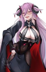  absurdres azur_lane black-framed_eyewear black_dress black_horns bodystocking breasts covered_navel curled_horns dress female friedrich_carl_(azur_lane) highres hollow_mimikyu horns huge_breasts instagram_username long_bangs long_hair long_sleeves mature_female mole mole_under_mouth open_mouth purple_eyes purple_hair semi-rimless_eyewear signature simple_background smile solo twitter_username very_long_hair white_background 