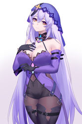  absurdres black_gloves black_swan_(honkai:_star_rail) breasts cleavage commentary cowboy_shot dress elbow_gloves female gloves gradient_background grey_background highres honkai:_star_rail honkai_(series) large_breasts long_hair looking_at_viewer obniermarbiss pantyhose purple_dress purple_hair sleeveless sleeveless_dress smile solo standing thighs veil very_long_hair white_background yellow_eyes 