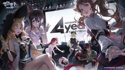  1boy 5girls acoustic_guitar ahoge aimitkkays amiya_(arknights) animal_ears anniversary arknights arm_strap bandana belt_pouch bikini black_hair black_hat black_jacket black_one-piece_swimsuit black_pantyhose black_shorts black_thighhighs blonde_hair blue_eyes blush breasts brown_hair brown_hat bryophyta_(arknights) center_opening cleavage closed_mouth crossed_legs cup drill_hair drill_sidelocks drinking_glass ears_through_headwear english_commentary eyjafjalla_(arknights) feet_out_of_frame flower frilled_bikini frilled_shirt frills green_eyes green_hair green_shirt grey_shirt grey_shorts guitar hair_between_eyes hair_flower hair_ornament hat hibiscus highres holding holding_cup holding_guitar holding_instrument indian_style instrument jacket jewelry korean_commentary leaning_forward logo long_hair looking_at_viewer looking_back medium_breasts microphone_stand mixed-language_commentary multiple_girls multiple_rings music myrtle_(arknights) myrtle_(summer_flowers)_(arknights) neck_ring oerba_yun_fang off-shoulder_shirt off_shoulder official_alternate_costume official_art one-piece_swimsuit open_clothes open_jacket open_mouth pantyhose plaid plaid_shirt playing_instrument pointy_ears poncirus_(arknights) ponytail pouch purple_eyes rabbit_girl red_bandana red_eyes red_hair ring screen sheep_ears sheep_girl shirt short_shorts shorts sidelocks sitting sleeveless sleeveless_jacket smile socks stage stage_lights standing straw_hat striped_clothes striped_socks swimsuit swire_(arknights) swire_the_elegant_wit_(arknights) thighhighs thighlet tiger_ears tiger_girl watermark waving white_bikini white_jacket white_shorts wine_glass wrist_cuffs 