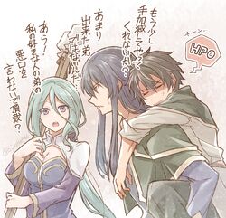  2boys :o aqua_hair black_hair blue_hair breasts brothers carrying cleavage commentary_request ernst_(ys) female frieda_(ys) geis_(ys) hair_between_eyes holding holding_weapon long_hair mishiro_(andante) multiple_boys open_mouth piggyback purple_eyes short_hair siblings sweat teeth translation_request upper_teeth_only weapon white_trim yellow_eyes ys ys_memories_of_celceta 