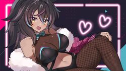  black_hair black_leotard blue_bow blue_bowtie blue_hair bow bowtie breasts brown_eyes cleavage clothing_cutout collar commission dark-skinned_female dark_skin female fishnet_pantyhose fishnets fur-trimmed_jacket fur_trim hair_between_eyes hand_on_own_knee heart indie_virtual_youtuber jacket large_breasts leotard long_hair mohemohemincho multicolored_background multicolored_hair navel neon_harper neon_harper_(bunnysuit) off_shoulder open_mouth pantyhose pink_hair pink_jacket see-through see-through_cleavage skeb_commission solo stomach_cutout streaked_hair virtual_youtuber white_collar 