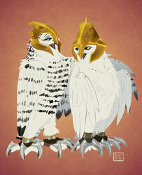  armor avian barran battle_claws bird boron_(gogh) duo feathers female feral guardians_of_ga&#039;hoole headgear helmet hi_res horned_owl kabuki-aku male orange_background owl simple_background snowy_owl true_owl white_body white_feathers yellow_eyes 