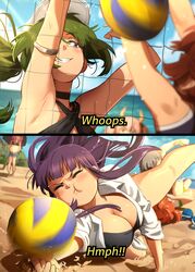  6+girls absurdres armpits arms_up aura_(sousou_no_frieren) beach black_hair blurry blurry_background blush breasts brown_hair character_request choker day english_text fern_(sousou_no_frieren) green_hair grin hat highres holding horns kanne_(sousou_no_frieren) khyle. large_breasts lawine_(sousou_no_frieren) linie_(sousou_no_frieren) multiple_girls outdoors pink_hair pout pregnant sand shiny_skin short_hair shorts smile sousou_no_frieren sweat teeth ubel_(sousou_no_frieren) umbrella unworn_bikini_top volleyball white_hat 