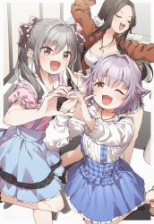  3girls :d ;d absurdres aqua_skirt black_hair blue_skirt blush breasts brown_jacket cleavage commentary_request finger_to_cheek forehead grey_hair hair_flaps hair_intakes heart heart_hands heart_hands_duo helen_(idolmaster) highres idolmaster idolmaster_cinderella_girls indoors jacket kanzaki_ranko koshimizu_sachiko large_breasts looking_at_viewer multiple_girls one_eye_closed pink_shirt purple_hair shirt skirt smile standing standing_on_one_leg suspender_skirt suspenders twintails white_shirt yukie_(kusaka_shi) 