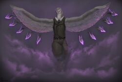  absurd_res anthro avian beak belt bird bottomwear clothed clothing eyewear feathers feathers_(kazzyboii) glasses grey_wings hi_res kazzyboii magic magic_user necktie nonbinary_(lore) owl pants purple_aura purple_eyes simple_background sooty_owl spread_wings topwear tyto tytonid vest wings 