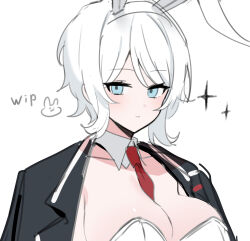  absurdres animal_ears between_breasts black_coat blue_eyes breasts closed_mouth coat coat_on_shoulders detached_collar faust_(project_moon) female hairband highres lapels large_breasts leotard light_blush limbus_company looking_at_viewer necktie necktie_between_breasts notched_lapels playboy_bunny project_moon rabbit_ears red_necktie short_hair simple_background solo sparkle tori_(pippikasu) white_background white_hair white_hairband white_leotard 