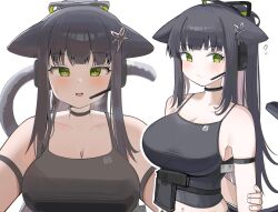  absurdres animal_ears arknights arm_strap bare_shoulders black_collar black_hair black_tail blush breasts breath bright_pupils camisole cleavage closed_mouth clothes_writing collar collarbone colored_inner_hair come_hither female fingernails flying_sweatdrops green_eyes gun hand_on_own_arm handgun headset highres holstered jessica_(arknights) large_breasts looking_at_viewer multicolored_hair multiple_views open_mouth pink_hair sidelocks simple_background sleeveless smile spaghetti_strap spam_(spamham4506) sweatdrop tail tail_raised weapon white_background white_pupils 