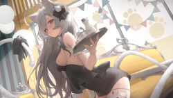  ahoge animal_ears bare_shoulders bell black_bow blue_eyes bow breasts cat_ears cat_girl cat_tail check_copyright clothing_request commission copyright_request cowboy_shot cup day female fingernails frilled_wrist_cuffs frills from_side grey_hair hairbow hand_up highres holding holding_tray huge_ahoge indie_virtual_youtuber indoors jingle_bell leaning_forward long_hair looking_at_viewer medium_breasts metatarou mole mole_under_eye sideboob skeb_commission smile solo tail tail_bell tail_ornament teacup thighhighs tray very_long_hair white_wrist_cuffs wrist_cuffs 