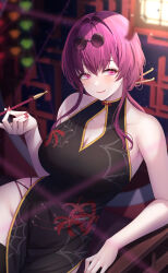  absurdres alternate_costume alternate_hairstyle bare_shoulders black_dress black_thighhighs blurry blurry_background blush breasts china_dress chinese_clothes cleavage closed_mouth collarbone commentary dress eyewear_on_head female groin hair_between_eyes hair_intakes highres holding_pipette honkai:_star_rail honkai_(series) kafka_(honkai:_star_rail) large_breasts light_blush looking_at_viewer pince-nez pipette primamiya purple_eyes round_eyewear sitting sleeveless sleeveless_dress smile solo sunglasses thighhighs 