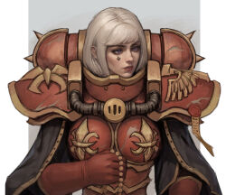  adepta_sororitas armor beads boobplate breasts facial_mark female fleur-de-lis gloves gold_trim grey_background highres holding lips power_armor prayer_beads purity_seal purple_eyes red_armor red_gloves short_hair solo upper_body warhammer_40k white_hair yangzheyy 