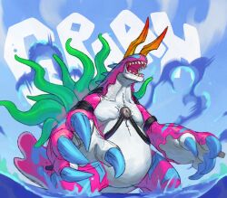  anthro aquatic_gastropod bandai_namco belly claws digimon digimon_(species) eye_markings eyeless gastropod horn male marine marinebullmon markings mollusk musclegut muscular partially_submerged pink_body sea_slug sharp_teeth slug solo teeth water yokaiju 