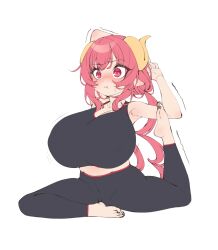  :t absurdres barefoot black_tank_top blush breasts dragon_horns elomil female full_body highres horns huge_breasts ilulu_(maidragon) kobayashi-san_chi_no_maidragon long_hair low_twintails pants pointy_ears red_eyes red_hair simple_background slit_pupils solo tank_top trembling twintails white_background yoga yoga_pants 