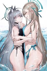  2girls absurdres alternate_costume animal_ear_fluff animal_ears asuna_(blue_archive) asymmetrical_docking bare_arms bare_shoulders bikini black_choker black_one-piece_swimsuit blue_archive blue_bikini blue_eyes blue_nails blue_ribbon blush breast_press breasts casual_one-piece_swimsuit choker closed_mouth commentary earrings extra_ears from_side grey_hair grin hair_ornament hair_ribbon halo highres jewelry large_breasts long_hair looking_at_another multiple_girls nail_polish one-piece_swimsuit outdoors parted_lips qiandaiyiyu revision ribbon shiroko_(blue_archive) shiroko_terror_(blue_archive) side-tie_bikini_bottom sideboob smile swimsuit teeth thighs water wet wolf_ears yuri 