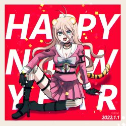  :d animal_ears antenna_hair artist_name black_footwear black_gloves boots bow bowtie breasts cleavage danganronpa_(series) danganronpa_v3:_killing_harmony dated female fingerless_gloves gloves grey_bow grey_bowtie hair_between_eyes happy_new_year high_heel_boots high_heels iruma_miu large_breasts long_hair long_sleeves mikao_(eanv5385) miniskirt o-ring pink_shirt pink_skirt pleated_skirt sailor_collar shirt skirt smile solo tail teeth tiger_ears tiger_tail tongue tongue_out upper_teeth_only white_sailor_collar 