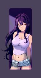  belly belly_button breasts clothing cute doki_doki_literature_club exposed_shoulders exposed_stomach female female_only looking_at_viewer projektxi01 purple_eyes purple_hair shorts solo standing tagme tank_top yuri_(doki_doki_literature_club) 