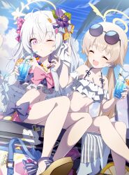  2girls absurdres azusa_(blue_archive) azusa_(swimsuit)_(blue_archive) bare_legs bikini blue_archive blush closed_eyes cup drink drinking_glass drinking_straw eyewear_on_head feathered_wings flower frilled_bikini frills hair_between_eyes hair_flower hair_ornament halo hifumi_(blue_archive) hifumi_(swimsuit)_(blue_archive) highres holding holding_cup jewelry light_brown_hair long_hair looking_at_viewer low_twintails multiple_girls navel official_alternate_costume outdoors purple_eyes sandals sitting smile sunglasses swimsuit ttt_(xtttx) twintails white_bikini white_hair white_wings wings 