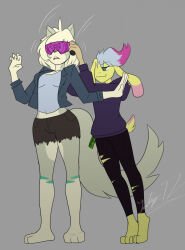  2021 anthro bottomwear clothing crop_top cutoffs denim denim_bottomwear denim_clothing domestic_cat dominant dominant_male duo felid feline felis female green_eyes grey_background hair hi_res hoodie hypnosis hypnotic_device hypnotic_visor jacket kuro-freak lagomorph larger_female leporid male mammal mind_control paige_(b0tt0mtext) pants rabbit rolled_up_sleeves shirt short_hair shorts signature simple_background size_difference smaller_male smile smirk smug spiral submissive submissive_female surprise surprised_face surprised_look tech_control tippy_toes topwear trans_(lore) trans_woman_(lore) visor yoga_pants 