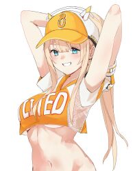  arms_behind_head arms_up bare_arms baseball_cap blonde_hair blue_eyes blunt_bangs blush breasts commentary_request crop_top female gloves goddess_of_victory:_nikke grin hair_behind_ear hair_between_eyes hat high_ponytail highres large_breasts long_hair looking_at_viewer navel ninchan no_bra official_alternate_costume official_alternate_hairstyle orange_gloves orange_hat orange_shirt parted_lips ponytail see-through_clothes see-through_shirt shirt short_sleeves sidelocks simple_background smile solo stomach tove_(nikke) two-tone_gloves two-tone_hat two-tone_shirt underboob upper_body white_background white_gloves white_hat white_shirt 