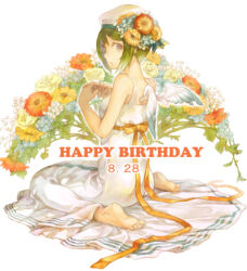  aino_ai aria_(manga) aria_company_uniform bare_shoulders barefoot beret blue_flower bow breasts dated dress female flower from_behind full_body green_hair hands_up happy_birthday hat hat_flower hoshikako_(koz) long_dress looking_at_viewer lowres on_ground orange_bow orange_flower orange_ribbon ribbon short_hair sidelocks sitting small_breasts soles solo toes wariza white_dress white_hat yellow_flower 