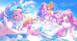  1boy 4girls :d bare_arms bare_legs barefoot blonde_hair blue_eyes blue_hair blue_sky blunt_bangs blush carrying collarbone cure_butterfly cure_majesty cure_prism cure_sky cure_wing day dress ellee-chan floating_hair gradient_hair green_eyes grin highres hijiri_ageha hirogaru_sky!_precure kyoutsuugengo long_hair looking_at_viewer medium_hair multicolored_hair multiple_girls navel nijigaoka_mashiro outdoors pink_dress pink_hair precure princess_carry purple_dress purple_hair reaching shirt short_dress sky sleeveless sleeveless_dress sleeveless_shirt smile sora_harewataru straight_hair underwear underwear_only very_long_hair yellow_eyes yellow_shirt yuunagi_tsubasa 