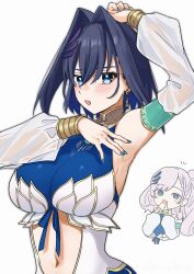  2girls absurdres armpits arms_up blue_nails blush breasts cleavage clothing_cutout cosplay dress highres hololive hololive_english hololive_indonesia large_breasts looking_at_viewer mizuhasi multiple_girls nail_polish navel_cutout ouro_kronii pavolia_reine pavolia_reine_(1st_costume) pavolia_reine_(cosplay) short_hair side_ponytail virtual_youtuber white_dress white_hair 