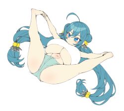  absurdres ahoge bare_arms bare_legs barefoot blue_eyes blue_hair breasts dolphin_shorts elomil female full_body hair_bobbles hair_ornament highres long_hair low_twintails lying navel on_back oppai_loli original shorts simple_background solo spread_legs tank_top twintails underboob very_long_hair white_background white_tank_top yoga 