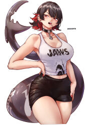  aosora2823 artist_name bare_arms bare_shoulders black_collar black_hair black_skirt breasts candy clothes_writing collar collarbone colored_inner_hair commentary cropped_legs ellen_joe female fins fish_tail food food_in_mouth hair_between_eyes hand_on_own_hip highres jaws_(movie) large_breasts lollipop looking_at_viewer mole mole_under_eye multicolored_hair nail_polish red_eyes red_hair red_nails scar scar_on_tail shark_girl shark_tail sharp_teeth short_hair simple_background skirt solo tail tank_top teeth thick_thighs thighs white_background white_tank_top zenless_zone_zero 