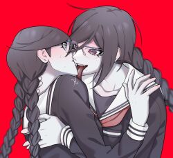  braid collarbone danganronpa:_trigger_happy_havoc danganronpa_(series) dual_persona fangs female fukawa_toko genocider_shou glasses grey_eyes licking licking_another&#039;s_face ling_yun_(amadare0803) long_hair long_tongue neckerchief red_background red_neckerchief round_eyewear sailor_collar selfcest simple_background tongue twin_braids twintails white_sailor_collar 