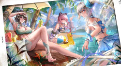  3girls absurdres akanbe arm_up armpits bare_legs bare_shoulders barefoot beach_chair black_hair black_one-piece_swimsuit blue_eyes blue_skirt blue_sky breasts casual_one-piece_swimsuit cleavage cup day drinking_glass eyelid_pull feet food fruit hair_between_eyes hair_ornament hanying:_solacetune_(punishing:_gray_raven) highres holding holding_cup inflatable_duck large_breasts leaning_forward legs long_hair looking_at_viewer luna_(pgr) median_furrow multiple_girls ocean official_alternate_costume one-piece_swimsuit one_eye_closed outdoors parted_lips pink_hair pink_pupils punishing:_gray_raven purple_eyes red_eyes sidelocks sitting skirt sky smile smll233 swimsuit swimsuit_cover-up teddy_(pgr) thighs toes tongue tongue_out very_long_hair w watermelon watermelon_slice white_hair white_wrist_cuffs wrist_cuffs 