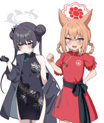  2girls absurdres black_dress black_hair black_jacket blue_archive breasts china_dress chinese_clothes double_bun dragon_print dress grey_halo hair_bun halo highres horin jacket kisaki_(blue_archive) long_hair looking_at_viewer multiple_girls print_dress red_halo rumi_(blue_archive) rumi_(small)_(blue_archive) simple_background small_breasts striped_clothes striped_jacket twintails vertical-striped_clothes vertical-striped_jacket white_background 