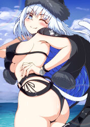  absurdres animal_ears ass bikini black_bikini black_hat black_jacket blue_eyes blue_sky blush bracelet breasts cat_ears cat_girl cat_tail dobrynya_nikitich_(fate) dobrynya_nikitich_(swimsuit_lancer)_(fate) dobrynya_nikitich_(swimsuit_lancer)_(first_ascension)_(fate) fate/grand_order fate_(series) female fur-trimmed_headwear fur_trim hat highres jacket jacket_on_shoulders jewelry large_breasts long_hair looking_at_viewer ocean oerba_yun_fang one_eye_closed peisuto sky smile solo swimsuit tail thighs white_hair 