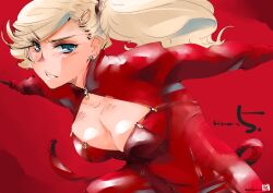  artist_logo blonde_hair blue_eyes bodysuit breasts cleavage cleavage_cutout clothing_cutout copyright_name earrings female hair_ornament hairclip highres holding holding_whip jewelry looking_at_viewer mike156 parted_lips persona persona_5 red_background red_bodysuit solo takamaki_anne twintails 