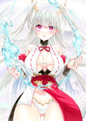  azur_lane bare_shoulders breasts center_opening detached_sleeves dragon_girl dragon_horns dragon_tail female hair_on_horn highres horns hydrokinesis long_hair looking_at_viewer marker_(medium) medium_breasts mimi_(mini1474) panties pelvic_curtain purple_eyes revealing_clothes ribbon-trimmed_clothes ribbon_trim shimanto_(azur_lane) solo tail traditional_media underwear very_long_hair water white_hair white_panties 