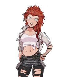  artist_name belt black_pantyhose black_shorts brown_belt cowboy_shot crop_top d: danganronpa:_trigger_happy_havoc danganronpa_(series) ear_piercing earrings female fingerless_gloves fishnet_gloves fishnets genderswap_(mtf) gloves grey_eyes grey_jacket highres jacket jewelry kuwata_leon long_hair mat_(pewdiesuno) mouth_piercing navel_piercing open_clothes open_jacket pantyhose piercing red_hair rule_63 shirt shorts simple_background solo spiked_hair teeth torn_clothes torn_pantyhose upper_teeth_only watermark white_background white_shirt 