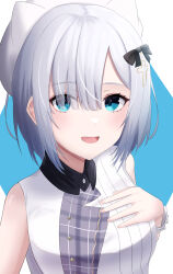  absurdres beret black_bow black_collar blue_eyes bow breasts collar cross_hair_ornament female grey_hair hair_ornament hairbow hand_on_own_chest hat highres kaga_sumire nmek4544 open_mouth ribbed_shirt shirt short_hair sleeveless solo upper_body virtual_youtuber vspo! white_hat white_shirt white_wrist_cuffs wrist_cuffs 