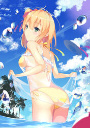  ass bad_hands bare_arms bare_shoulders bikini blonde_hair blue_sky blush breasts cloud commentary_request cowboy_shot day female from_behind green_eyes hair_between_eyes hair_ribbon hat hat_ribbon hatsu_(first_snow) looking_at_viewer looking_back medium_breasts medium_hair ocean one_side_up original outdoors palm_tree pink_ribbon ribbon see-through sky smile solo standing standing_on_liquid swimsuit tree unworn_hat unworn_headwear wading water water_drop yellow_bikini 