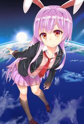  animal_ears ashu blazer commentary_request earth_(planet) extra_ears female giant giantess jacket long_hair long_sleeves looking_at_viewer necktie open_clothes open_jacket pink_hair planet rabbit_ears red_eyes reisen_udongein_inaba shirt skirt solo space sun touhou very_long_hair vest 