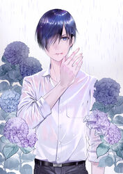  1boy arm_at_side artist_name belt black_eyes black_hair black_pants commentary_request cuts flower hair_over_one_eye hand_up hydrangea injury looking_at_viewer male_focus original pants pocket rain see-through shirt solo standing tamaki_mitsune wet wet_clothes wet_shirt 