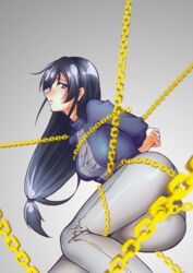  black_hair blue_eyes breasts chains fugi_yukihime gradient gradient_background grey_background long_hair open_mouth panties ryuugajou_nanana_no_maizoukin underwear 