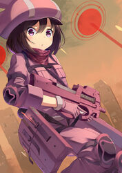  animal_ears animal_hat blush brown_hair bullet_line bullpup commentary_request female gloves gun hat highres jacket karakushi llenn_(sao) military p-chan_(p90) p90 pink_gloves pink_hat rabbit_ears short_hair submachine_gun sword_art_online sword_art_online_alternative:_gun_gale_online weapon 