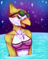  anthro avian beak bikini bird clothed clothing detailed_background eyewear eyewear_on_head female goggles goggles_on_head half-closed_eyes looking_at_viewer meep_(artist) narrowed_eyes open_beak open_mouth outside partially_submerged seascape sky solo swimwear water 