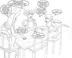  anthro antlers arania asinus bald_tail black_and_white breasts carla_(tcitw) cleavage clothed clothing deer dialogue donkey dress ear_piercing english_text equid equine female feral group hair herm_(lore) horn keith_(tcitw) long_hair mammal monochrome murid murine piercing piper_(tcitw) rat rodent shirt tail tank_top text the_cabin_in_the_woods_(arania) topwear 