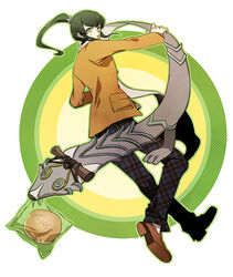  1boy black_hair bread casual coat commentary_request dragon flynn_(megami_tensei) food long_hair makami_(megami_tensei) male_focus photoshop_(medium) ponytail scarf senbe_(motimotio) shin_megami_tensei shin_megami_tensei_iv solo 