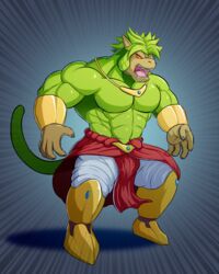  4:5 5_fingers abs anthro armor big_muscles bottomwear broly clothing dragon_ball dragon_ball_z fingers fur greaves green_body green_fur green_hair hair haplorhine hi_res huge_muscles male mammal monkey muscular muscular_anthro muscular_male oozaru open_mouth pants primate primodrago red_eyes simple_background solo standing vambrace zoom_lines 