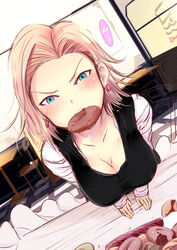  android_18 angry black_shirt blonde_hair blue_eyes breasts chair cleavage commentary_request doughnut dragon_ball dragon_ball_z earrings female food furrowed_brow jewelry katori_(mocchidou) leaning_forward long_sleeves looking_at_viewer medium_breasts mouth_hold perspective shirt short_hair sleeveless sleeveless_shirt solo table 