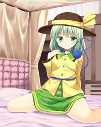  bed blush commentary_request eyeball female floral_print green_eyes green_hair hat hat_ribbon heart heart_of_string komeiji_koishi long_sleeves natsuki_shuri ribbon short_hair sitting skirt smile solo third_eye touhou 