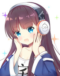  :d azur_lane bare_shoulders blue_eyes blue_jacket blush brown_hair chinese_commentary clothes_writing collarbone commentary_request female fingernails hands_on_own_cheeks hands_on_own_face headphones jacket lenxiao long_hair long_island_(azur_lane) long_island_(long_island_-_indoor_slacker)_(azur_lane) nail_polish off-shoulder_shirt off_shoulder official_alternate_costume open_mouth photoshop_(medium) pink_nails shirt sidelocks simple_background smile solo sparkle very_long_hair white_background white_shirt 